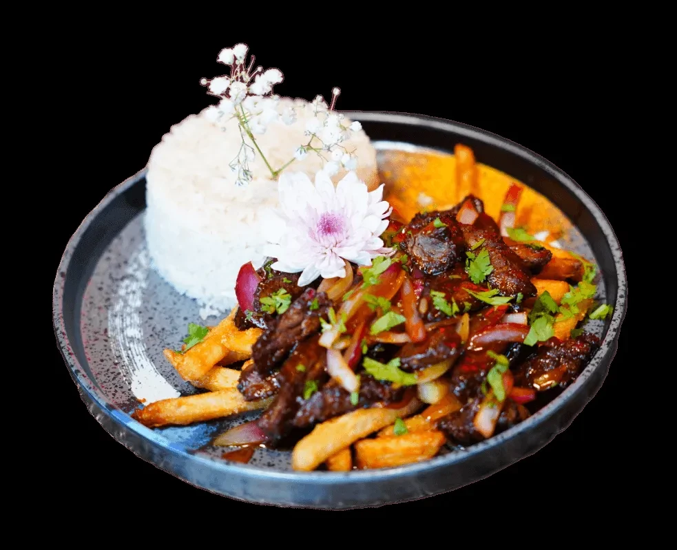 Stir-fried beef, fries, and rice, garnished with flowers on a dark plate.