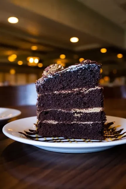 Tall layered chocolate cake with ganache, cream, and chocolate shavings.