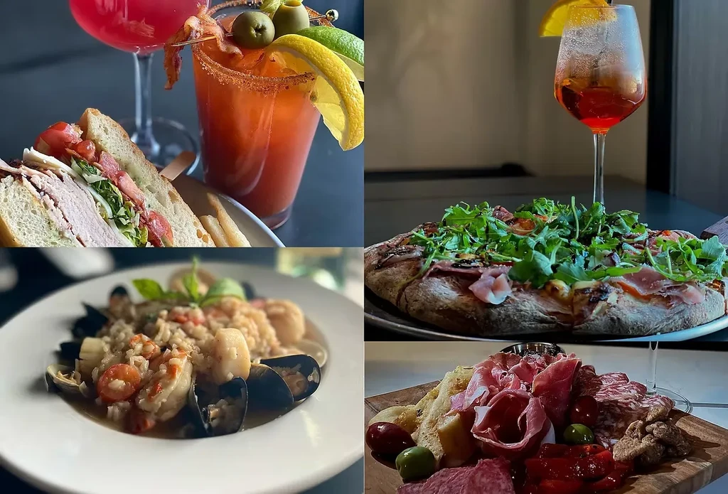 Grid of four high-quality photos featuring diverse food and cocktails.