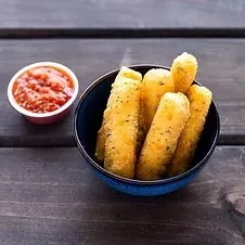Crispy herbed mozzarella sticks and marinara in blue bowl on wood.