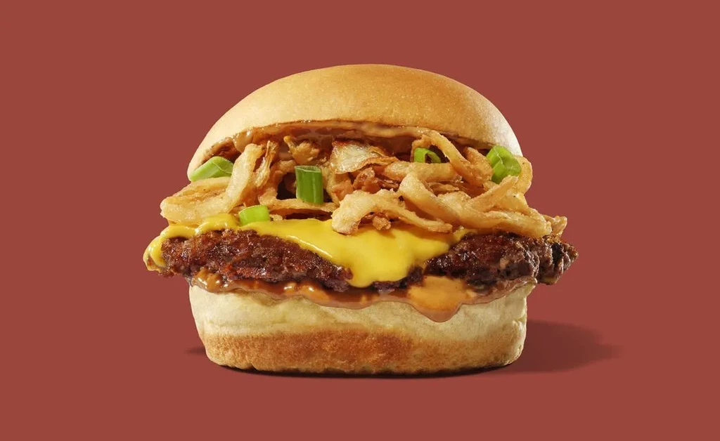 Close-up of a hamburger with patty, melted cheese, crispy fried onions, scallions.