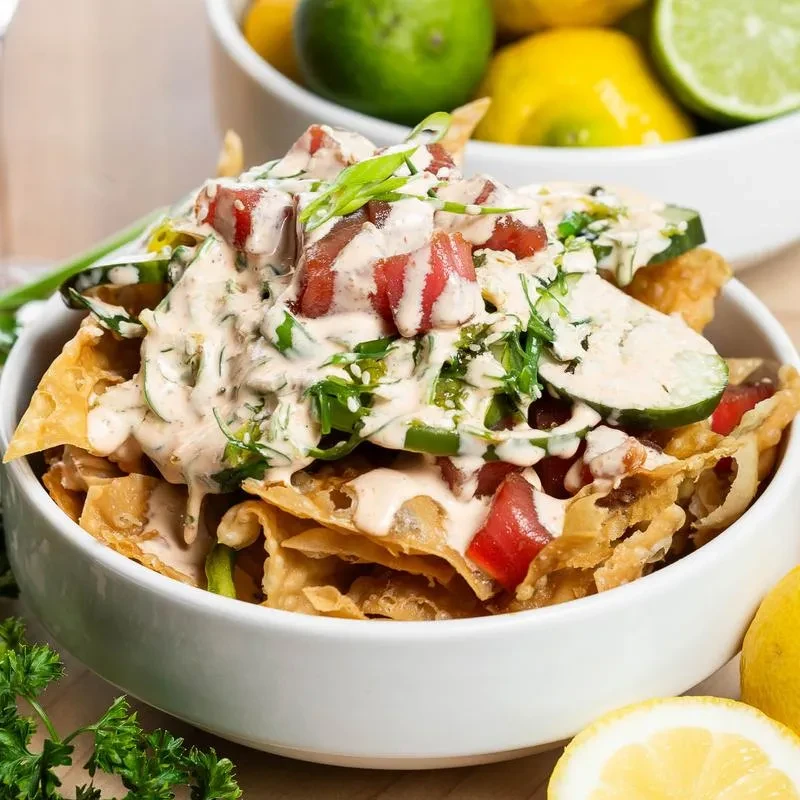 Vibrant poke nachos with ahi tuna, cucumber, sauce, and green onions.