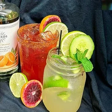 Two vibrant cocktails: blood orange and cucumber mint.