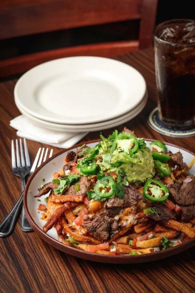 Platter of loaded fries with grilled steak, guacamole, jalapeños, and cheese.