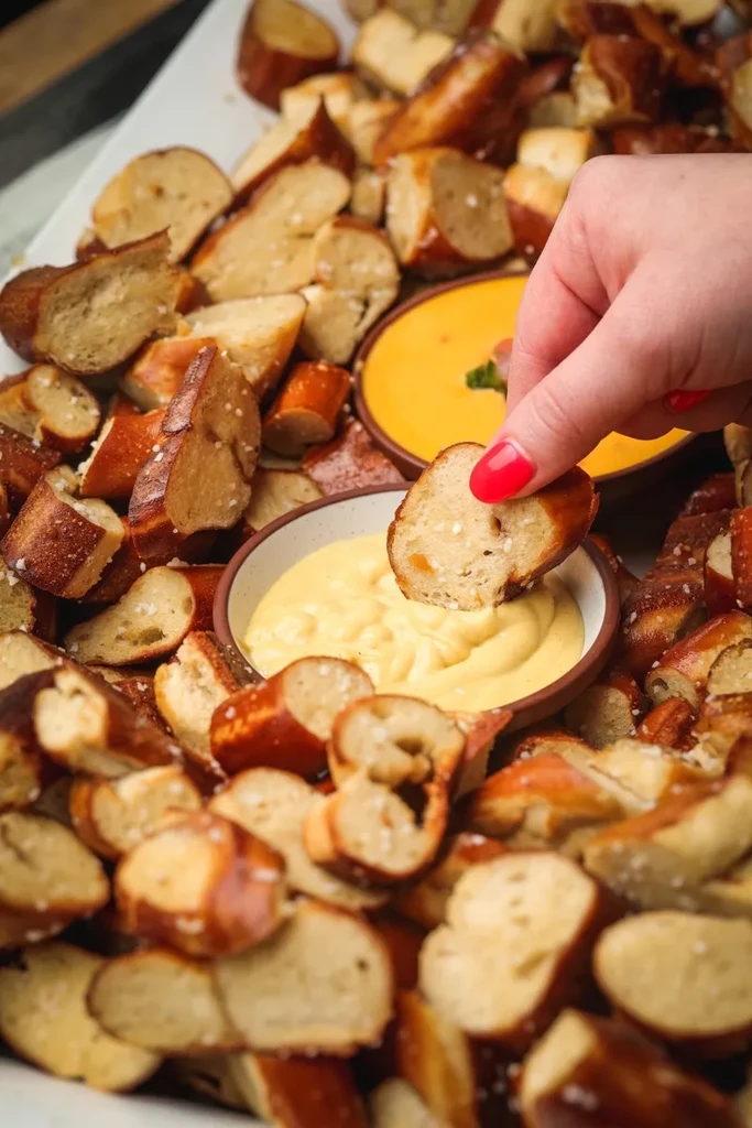 Hand dips salted pretzel bite into cheese sauce on a platter.