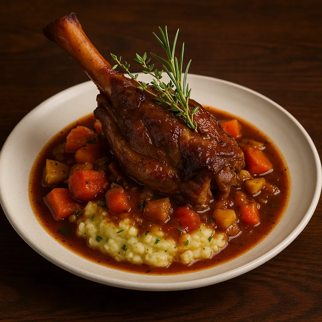 Braised meat shank with rich sauce, creamy base, and root vegetables.