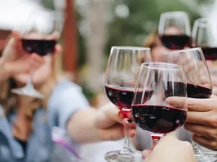 Multiple hands holding red wine glasses during a celebratory toast.