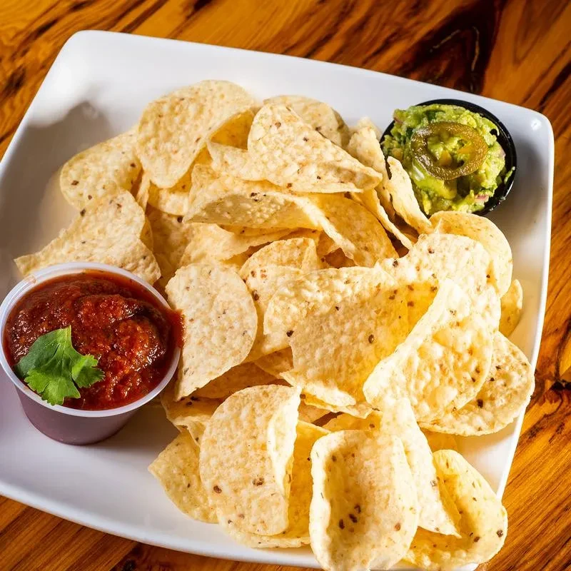Tortilla chips, red salsa, and green guacamole on a plate.