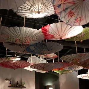 Colorful paper umbrellas suspended from the ceiling, backlit.