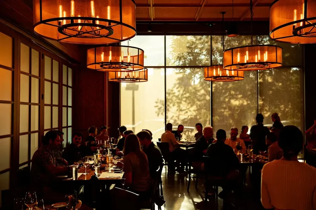 Bustling restaurant interior featuring warm lighting, dark wood, and patrons.