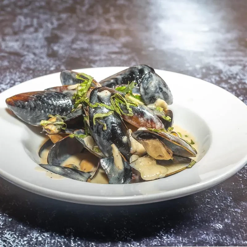 Cooked mussels in a white bowl with creamy sauce and green herbs.