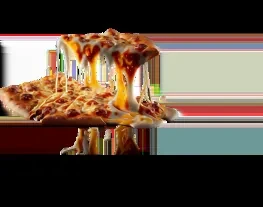 Two pizza slices, one lifted with a long cheese pull.