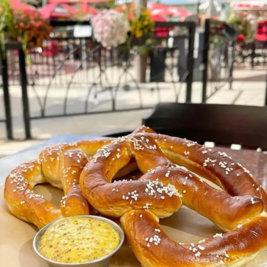 Soft pretzels with salt and whole-grain mustard outdoors.