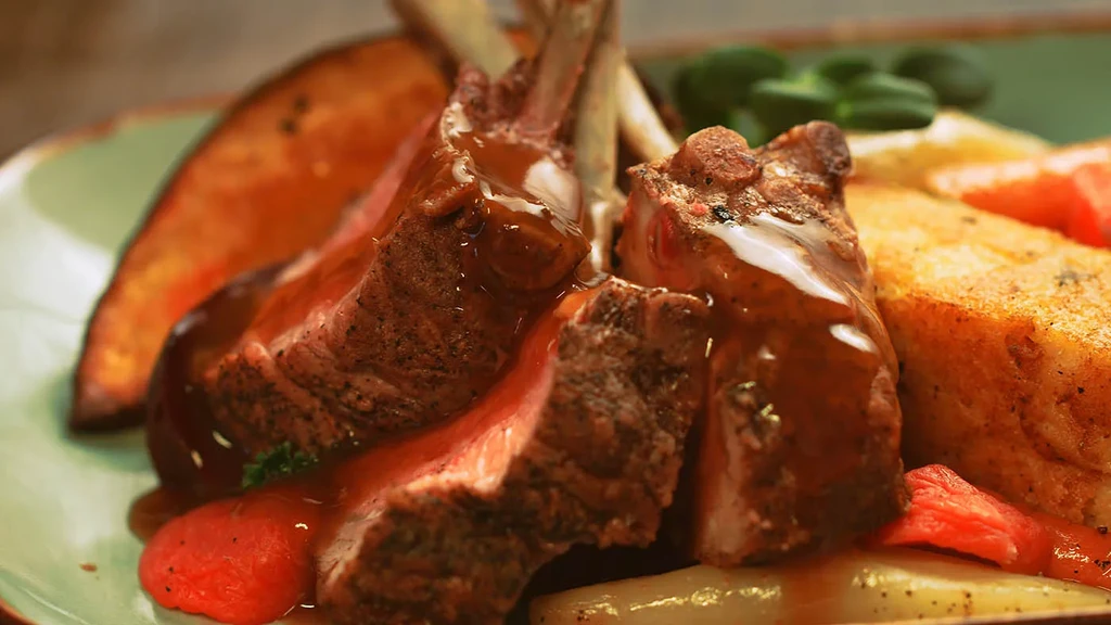Medium-rare roasted lamb chops with sauce, potatoes, and vegetables.