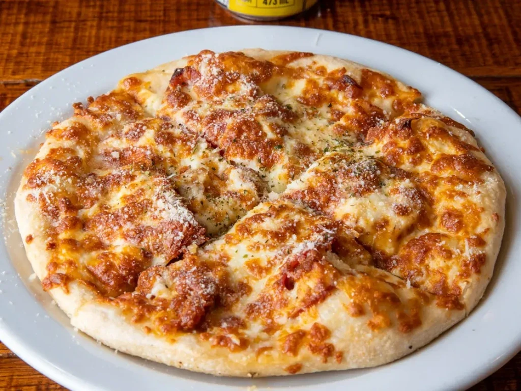 Baked pizza with golden crust, melted cheese, meat, and herbs.