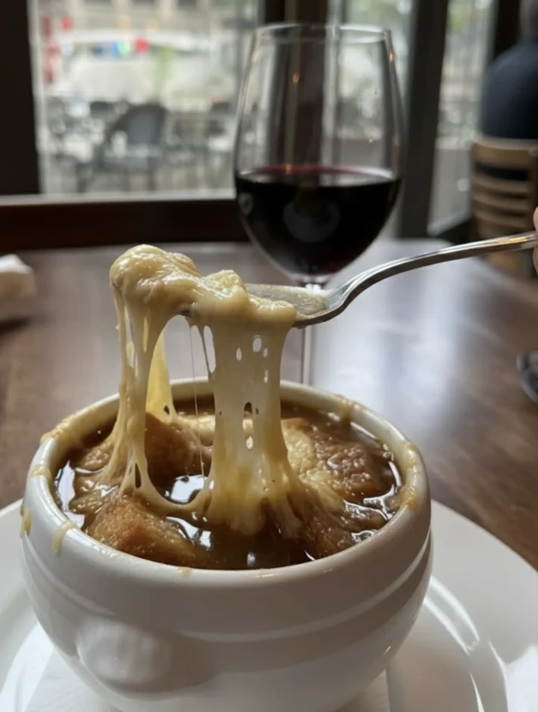 Spoon lifting stringy cheese from French onion soup, beside red wine.