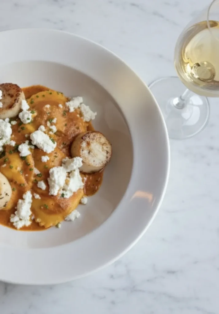 Ravioli and scallops with sauce, cheese, and chives in a white bowl.