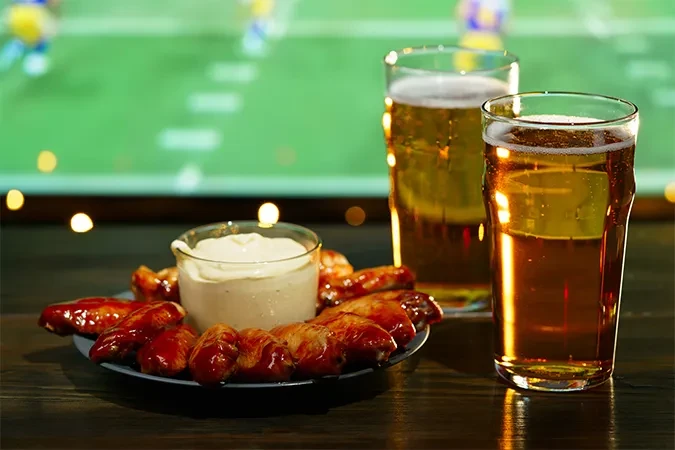 Glazed chicken wings, two beers, and a blurred sports screen.