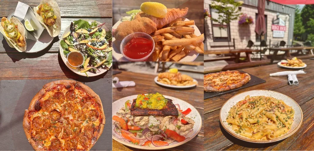 Collage of various restaurant food dishes and an outdoor patio.