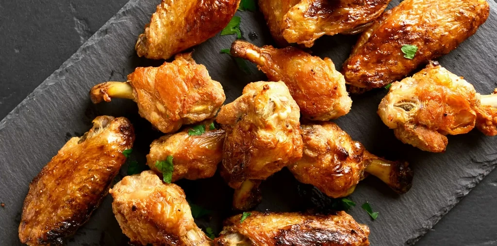 Crispy golden-brown chicken pieces on a dark slate board with green herbs.