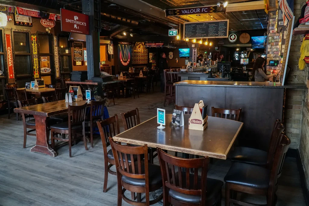 Dimly lit sports bar interior with tables, bar, and sports memorabilia.