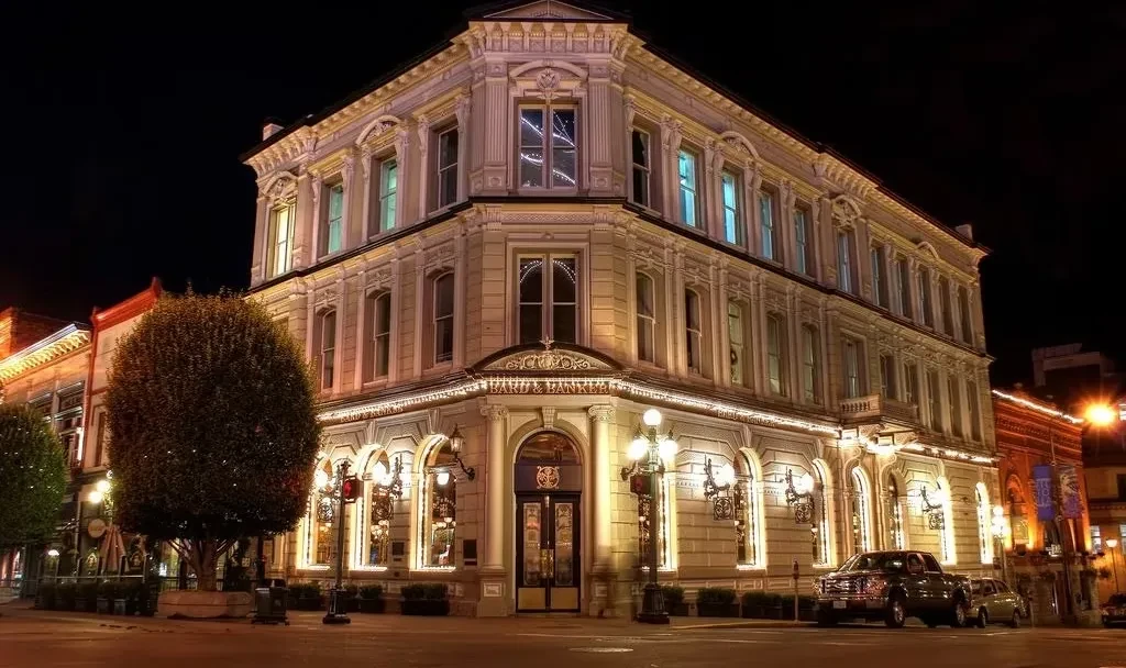 Ornate historic building 'BARD & BANKER' brightly illuminated at night.