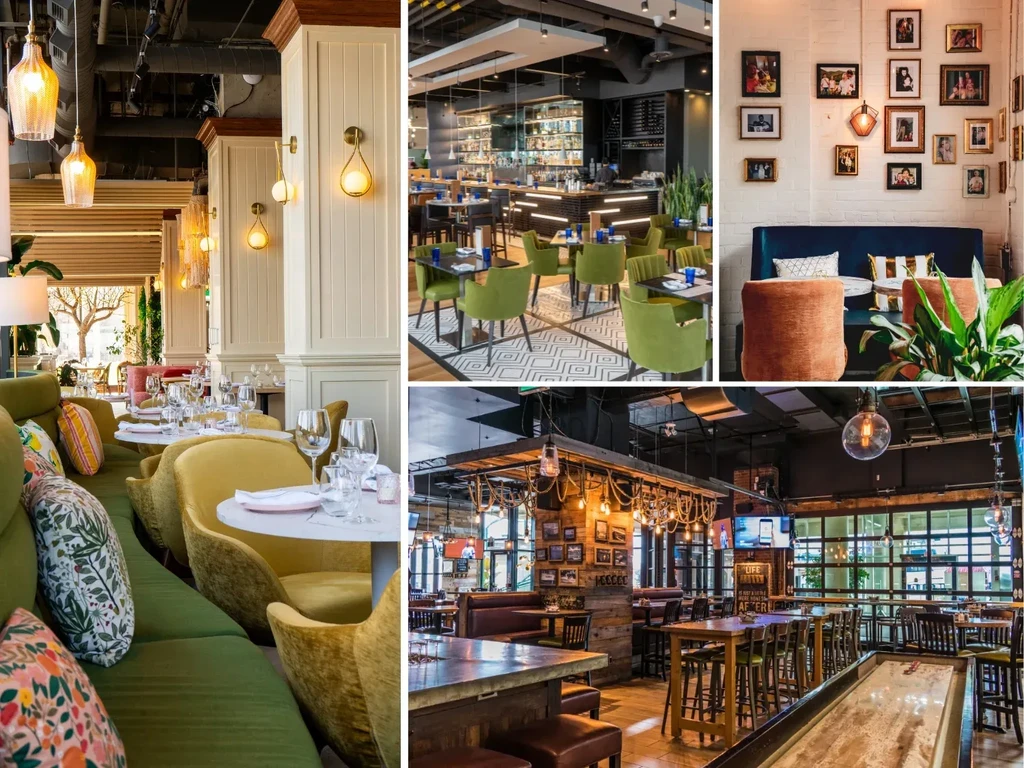 Collage of four distinct, empty restaurant and bar interior designs.