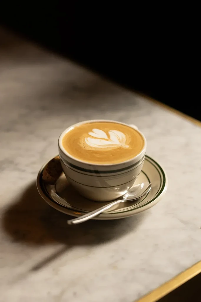 Latte with heart art, served on saucer with small cookie.