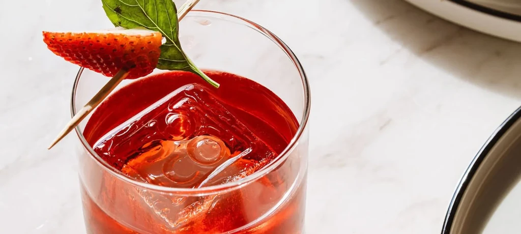 Red cocktail with sculpted ice, basil, and strawberry in clear glass.