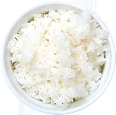 White ceramic bowl filled with fluffy, cooked white rice.