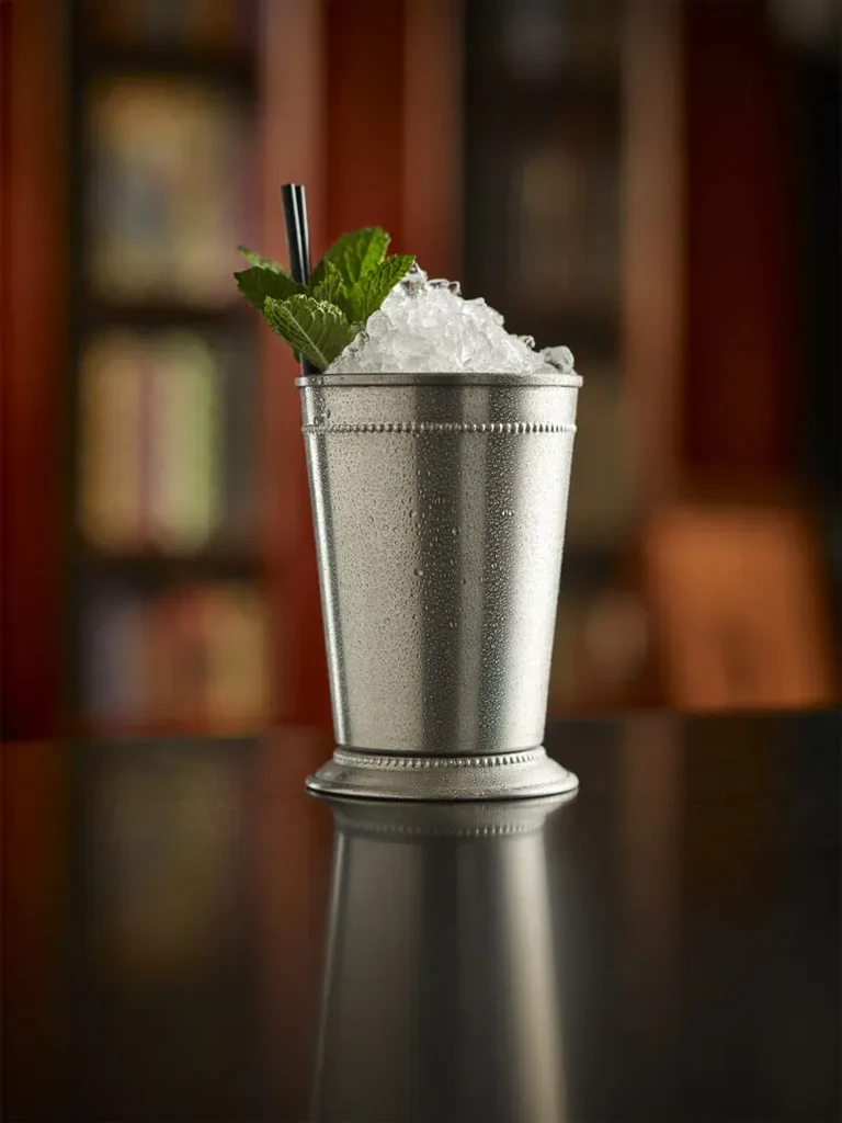 Silver julep cup with crushed ice, mint, straw, and condensation.