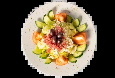 Vibrant salad with shredded meat, cheese, olives, cucumber, and tomato.