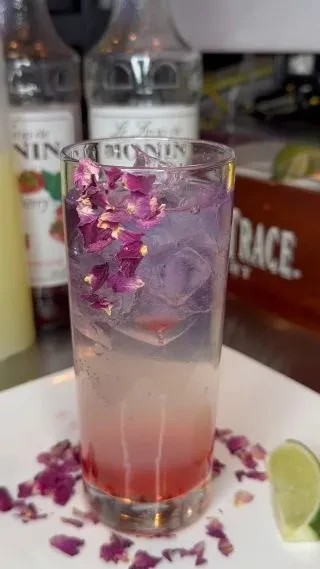Layered pink and purple drink with ice, rose petals, and lime.