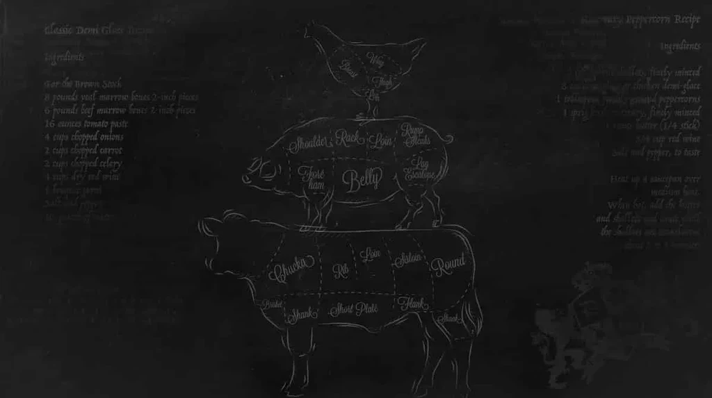 Chalkboard with segmented cow, pig, chicken meat cuts and recipes.