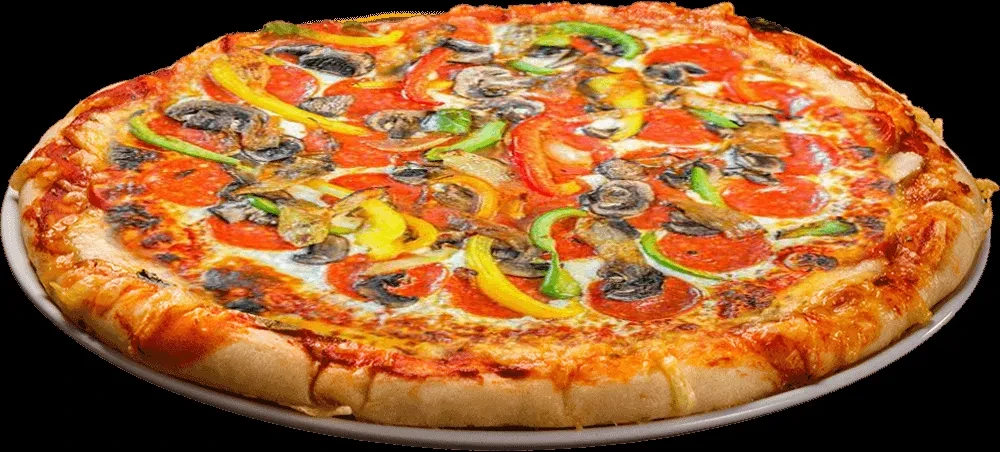 Pizza with pepperoni, mushrooms, colorful peppers, and melted cheese.