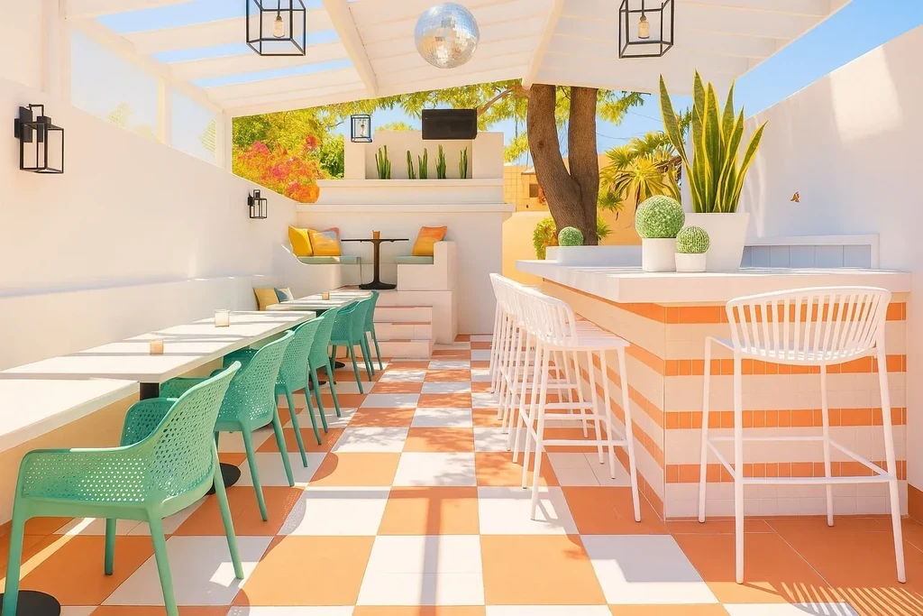 Outdoor restaurant with multiple colorful seating areas and checkered floor.