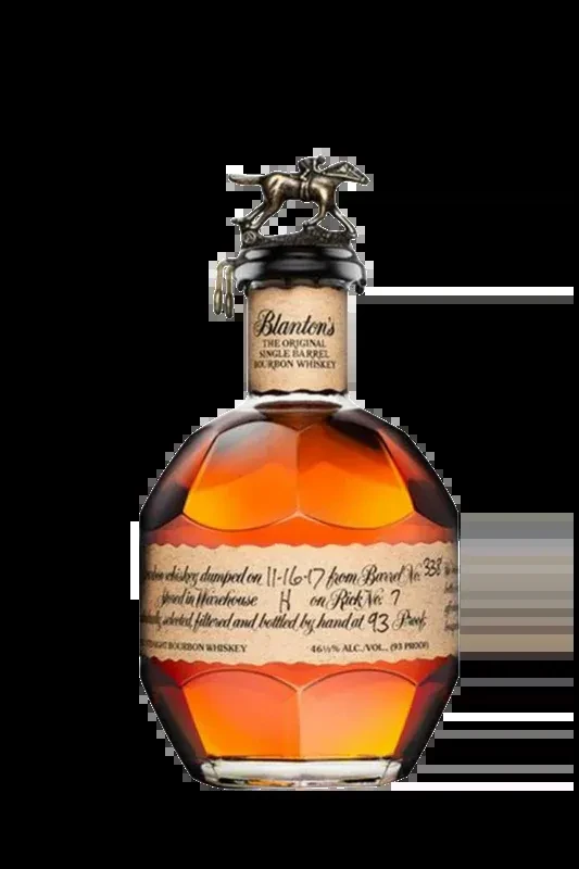 Faceted Blanton's Single Barrel Bourbon bottle with jockey stopper.