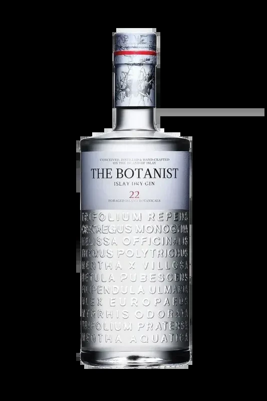 Clear bottle of The Botanist Islay Dry Gin, 22 botanicals, black background.