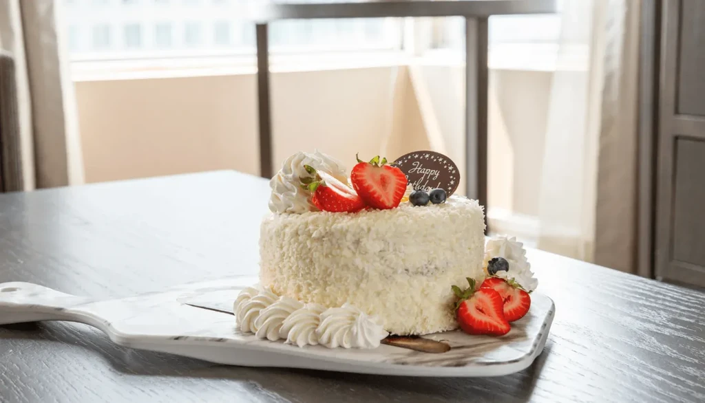 White birthday cake with berries, whipped cream, and chocolate shavings.