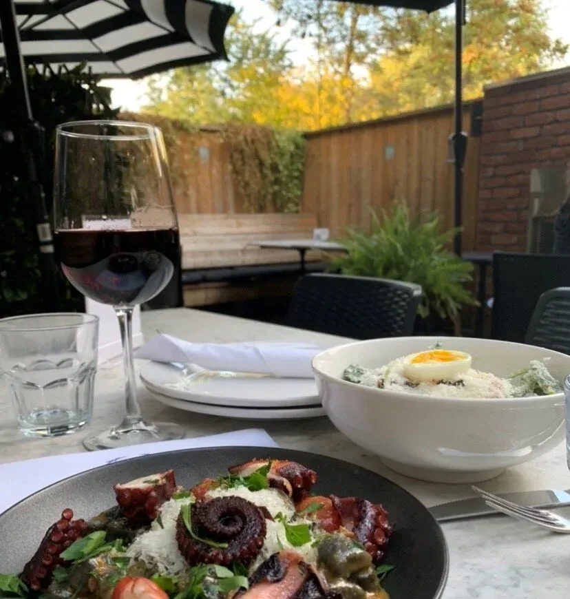 Outdoor patio dining with octopus, salad, red wine, white tablecloth.