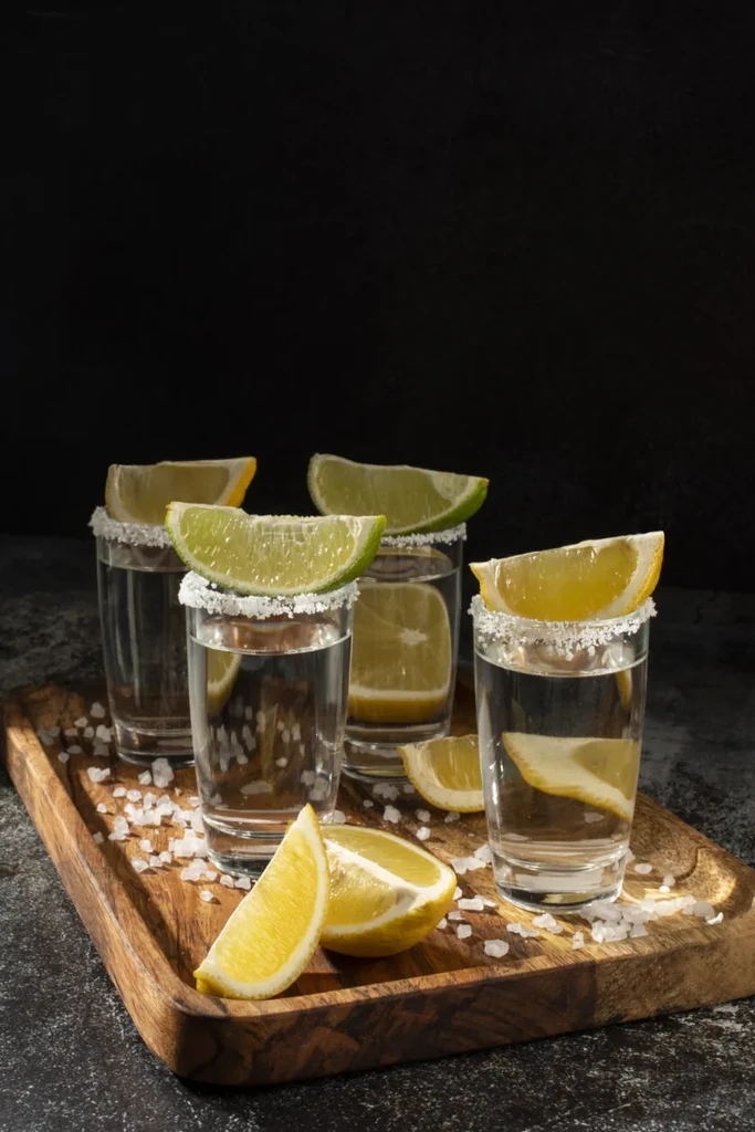 Four salt-rimmed spirit shots with citrus on a wooden tray.
