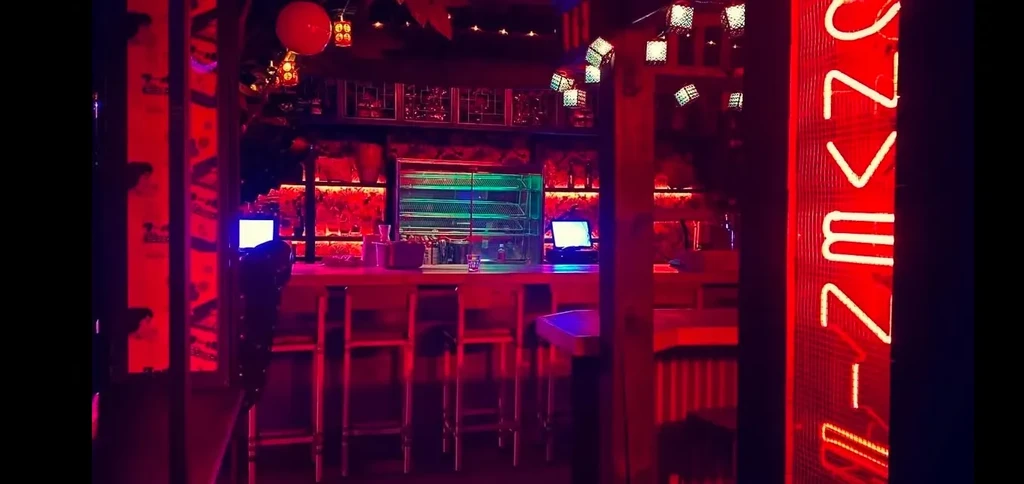 Dimly lit bar interior with red, pink, and green neon lighting.