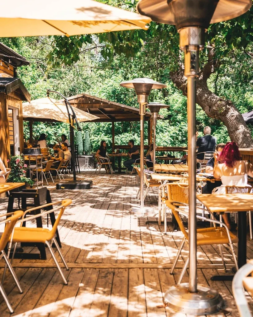 Outdoor dining patio with tables, umbrellas, and people in dappled sunlight.