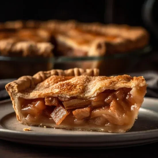 Homemade apple pie slice with golden crust and soft apple filling.