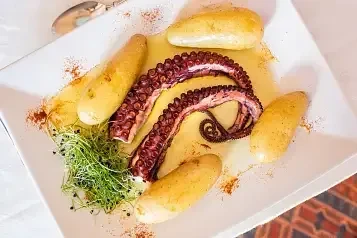 Plated octopus tentacles, peeled potatoes, and green microgreens dusted with spice.