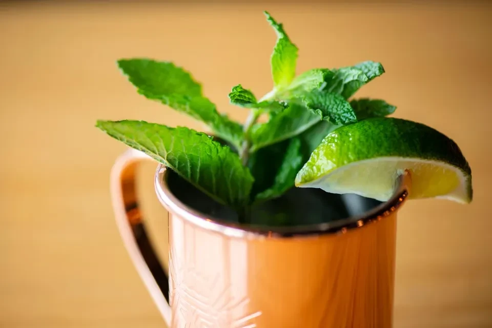 Shiny copper mug drink with mint, lime, on wooden background.
