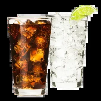 Two iced drinks: one cola, one clear drink with a lime.
