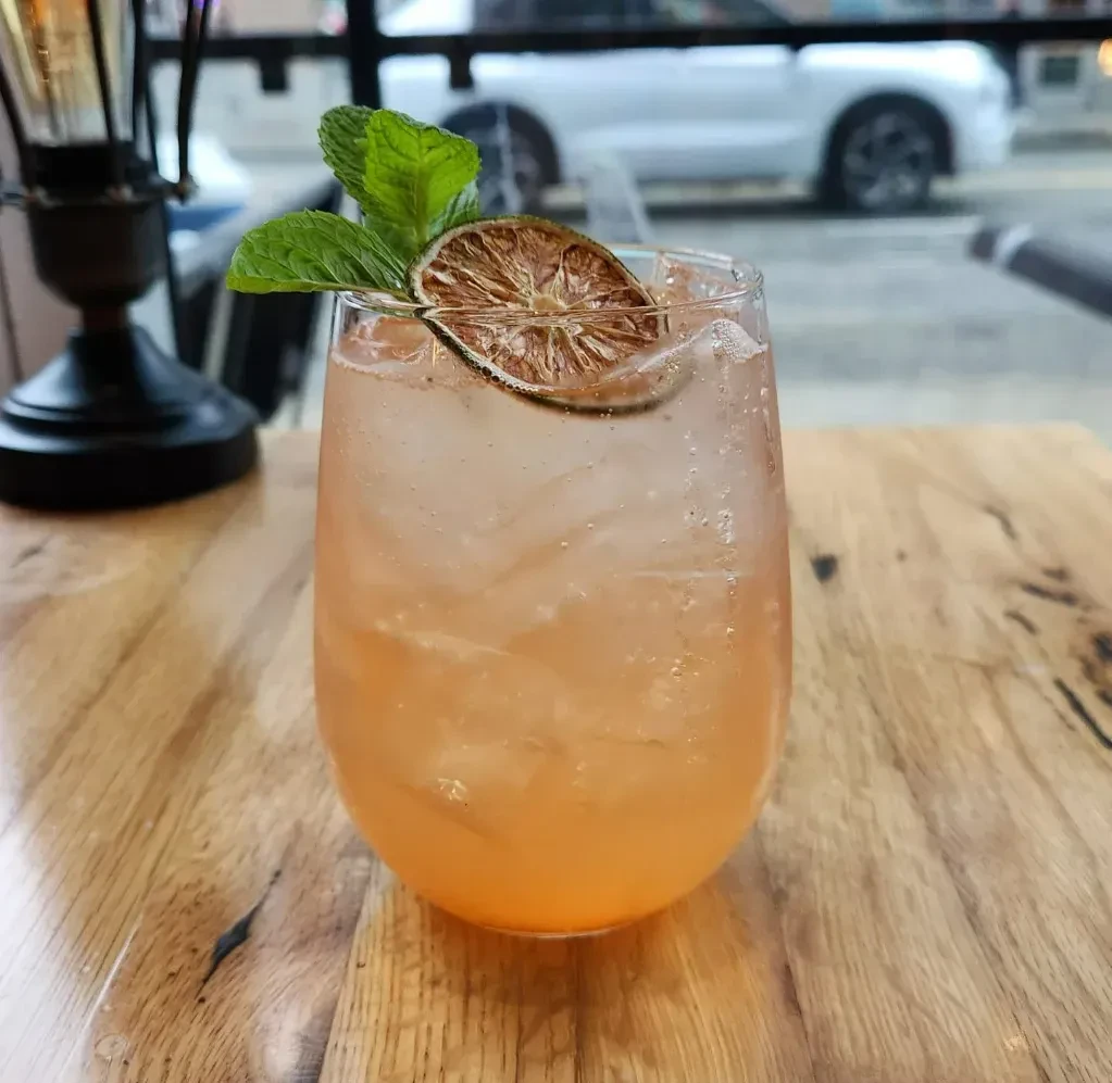 Iced pinkish beverage with mint and dried citrus in a stemmed glass.