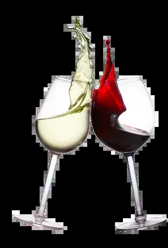 Two glasses, white and red wine splashing dynamically on black.