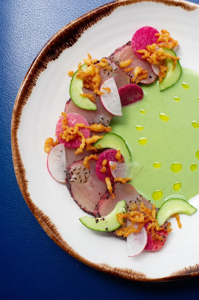 Sliced pinkish-purple meat or fish, green sauce, cucumber, radish, crispy onions.